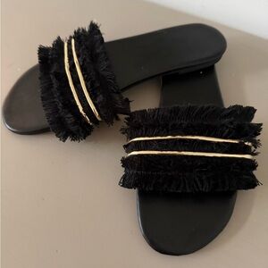 Black Fringe Slide Sandals